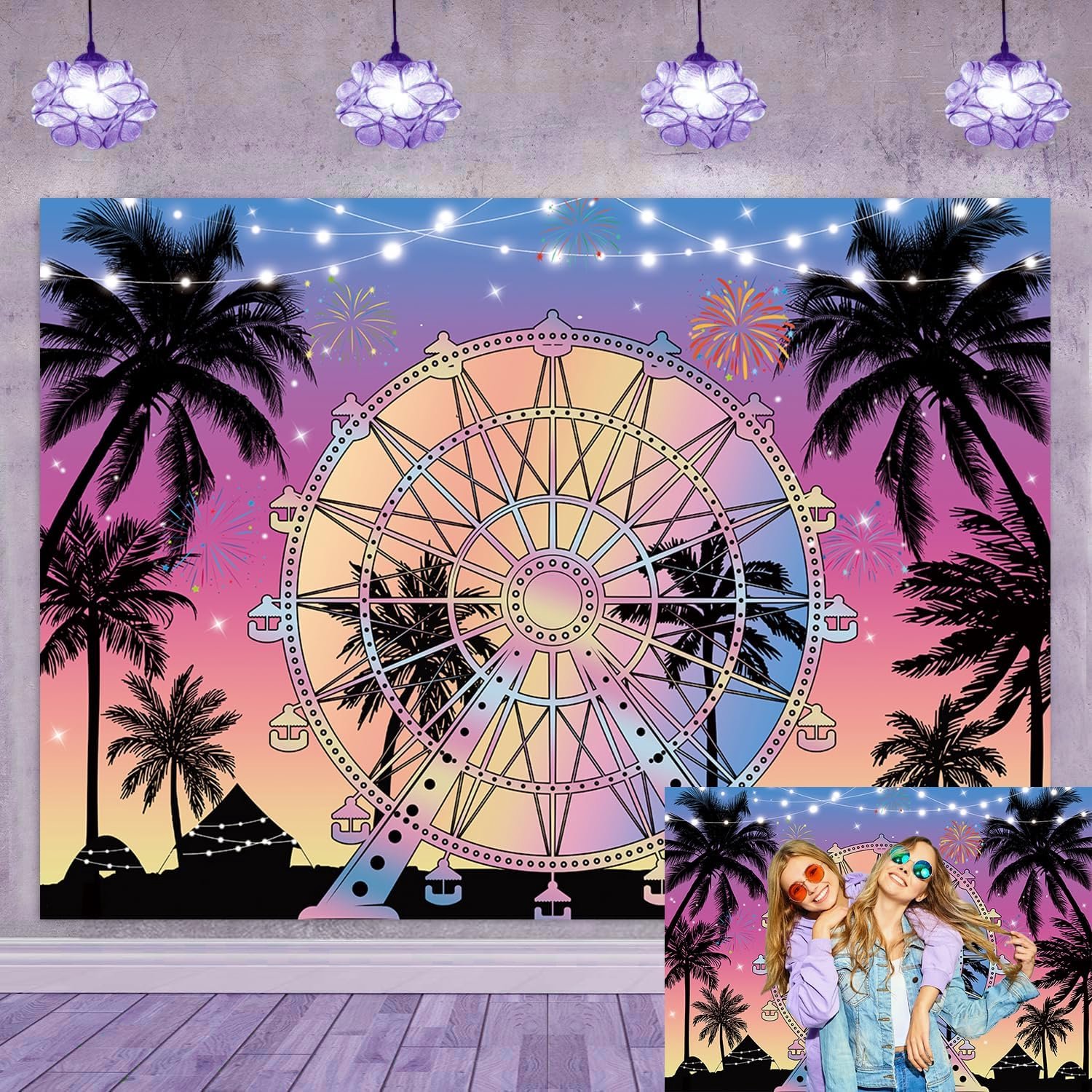 Summer Ferris Wheel Photography Background Tropical Coast Palm Tree Sunset Silhouette Backdrop Hawaiian Beach Summer - ShopVlot