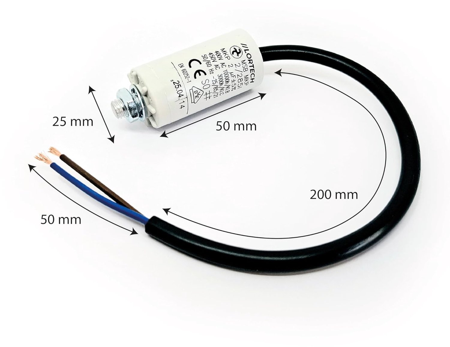 Capacitor 2 µF - Ø 25 x 48 mm - met kabel - geschikt voor diverse toepassingen - ShopVlot