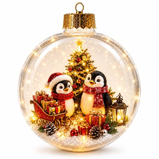 Transparante kerstbal met twee pinguïns, slee vol cadeaus, kerstboom en warme verlichting op witte achtergrond.