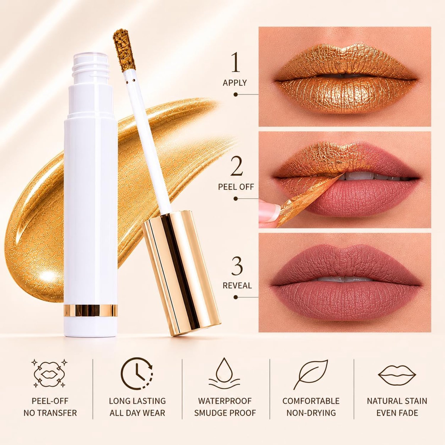 2-in-1 peel-off-liptattoo, lippenstift en lippenstift, laat na het verwijderen een matte naakt achter, perfect voor feestjes, kantoor of afspraakjes, hoge pigmentatie, ideaal voor dagelijks