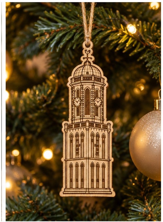 Houten kerstboomhanger in de vorm van de Peperbus toren uit Zwolle, hangend aan een touwtje.
