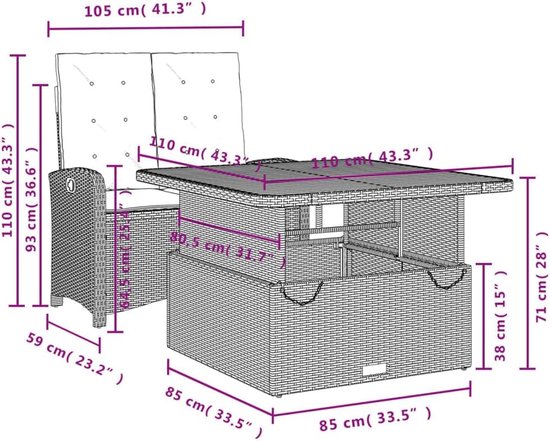 Poly rattan verstelbare rugleuning tuinset 110 cm eettafel zwart — afbeelding 5