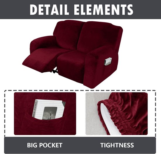6 stuks Relaxfauteuil hoes Fluwelen Loveseat-hoezen Wasbare stretch-ligbank Zachte hoezen voor 2 kussens Relaxfauteuil Slipcover Meubelhoezen -wijn rood — afbeelding 5