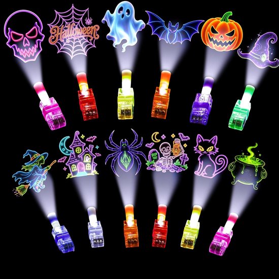 Halloween projectie vingerlampjes: Halloween, geest, vleermuis, pompoen, heks, spin, kat, grafsteen, heksenhoed, huis, schedel.
