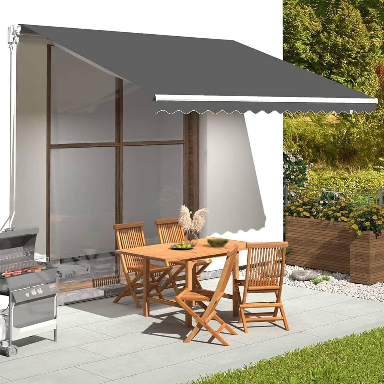 Luifelbespanning, antraciet, 4 x 3,5 m, lichtechte terrassen, zonwering van polyester, luifelstof vervanging met 1 hoofdstof en 1 volant, voor binnenplaats, terras of tuin