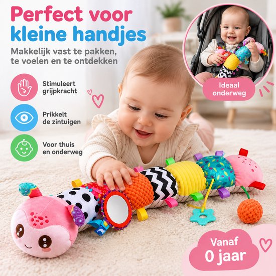 Sensorisch Babyspeelgoed - Muzikale Rups Knuffel - Activiteitenspeelgoed Baby met Rammelaar, Bijtring en Spiegeltje - Grijpspeelgoed voor 0+ Maanden - Roze — afbeelding 2