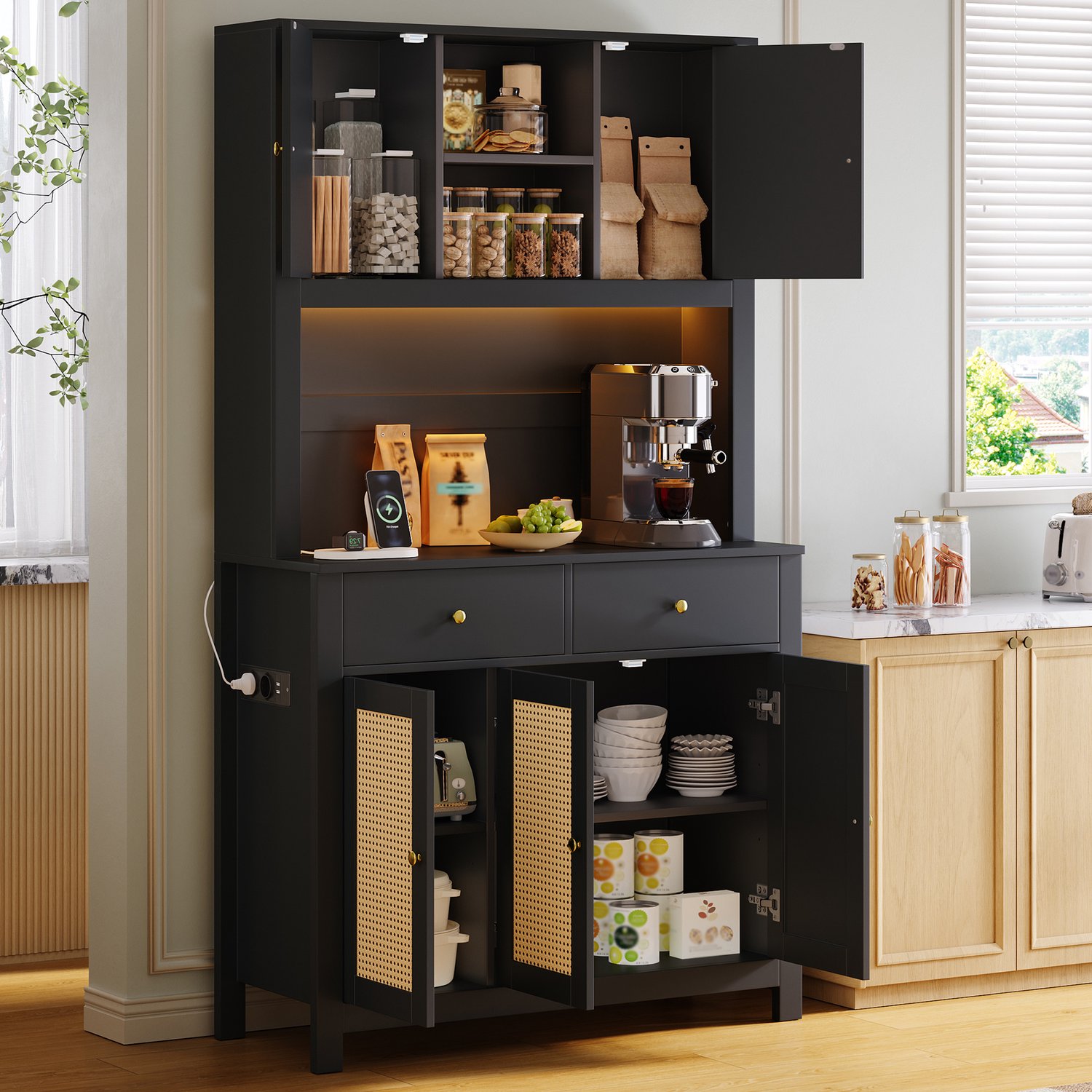 MODENUIT Keukenkast - LED-verlichting Met Stopcontact - Keuken, Eetkamer - MDF - Zwart - 100 x 40 x 180 cm