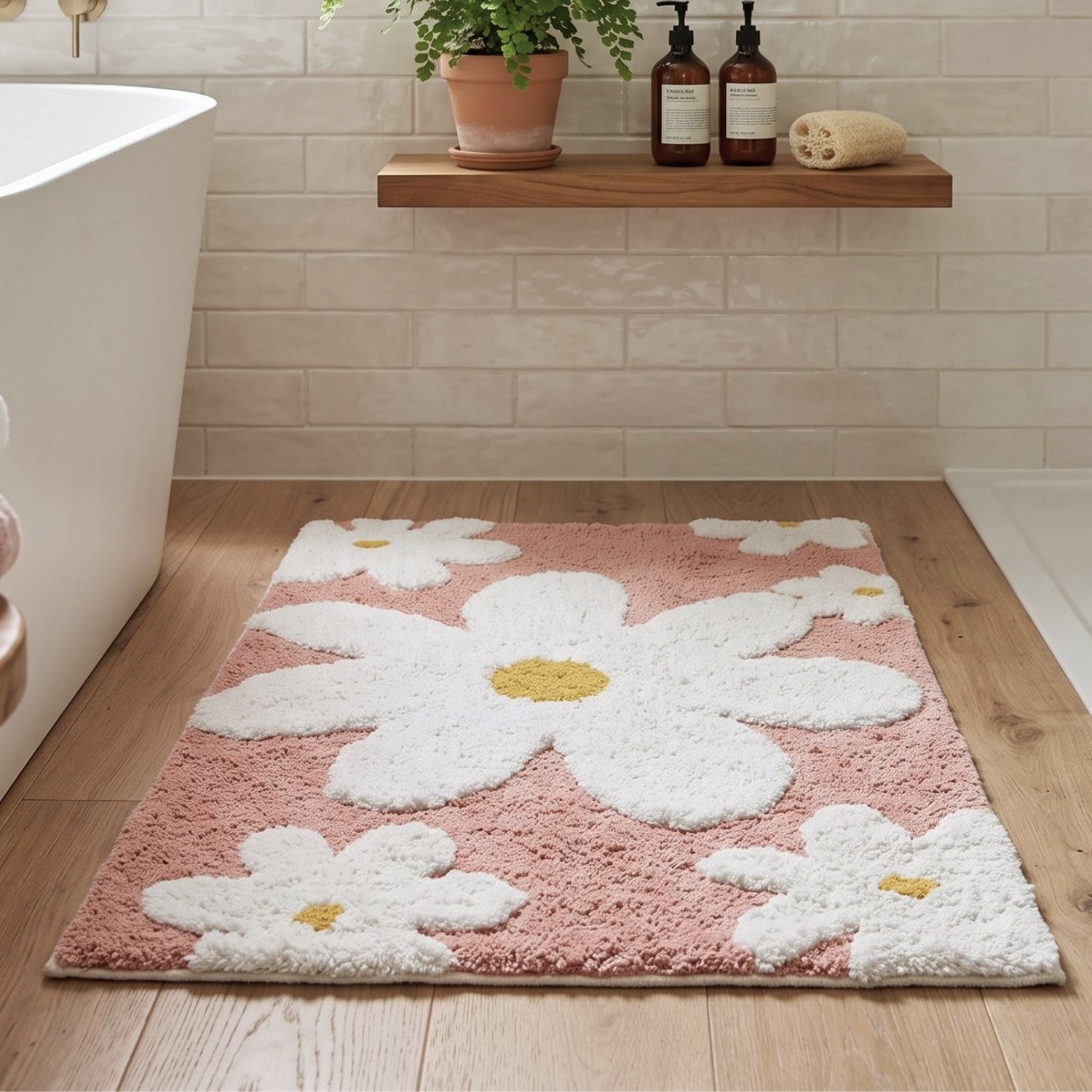 Homescapes Badematte Blumen 50x80 cm – Badteppich rosa, 100 % Baumwolle