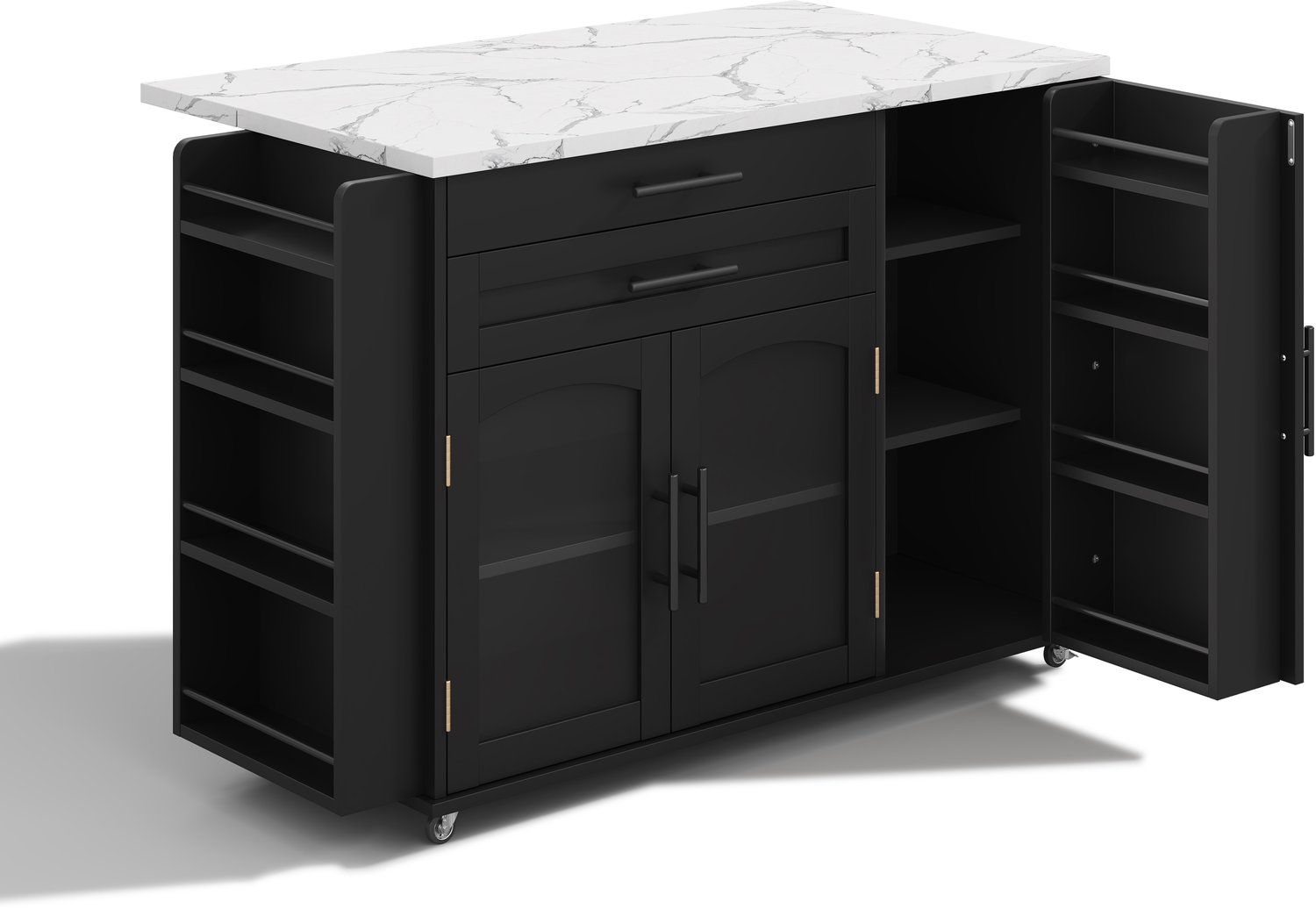 Keukeneiland met opklapbaar werkblad - Opbergruimte met kast en lades - Keukenwagen op vijf wielen voor keuken en eetkamer - Zwart MDF