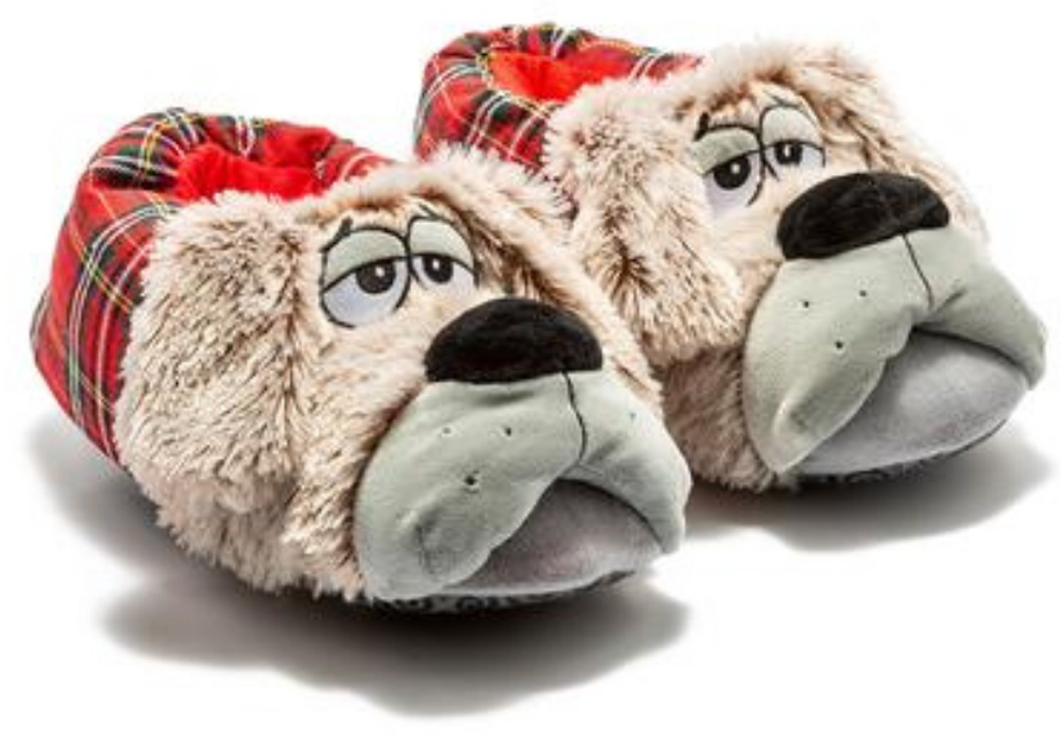 Berussa - Twigy Yori Dames Pluche Hond Sloffen - Schattige Dieren Pantoffels Maten 36-41 - Grijs & Rood Geruit - Origineel Cadeau