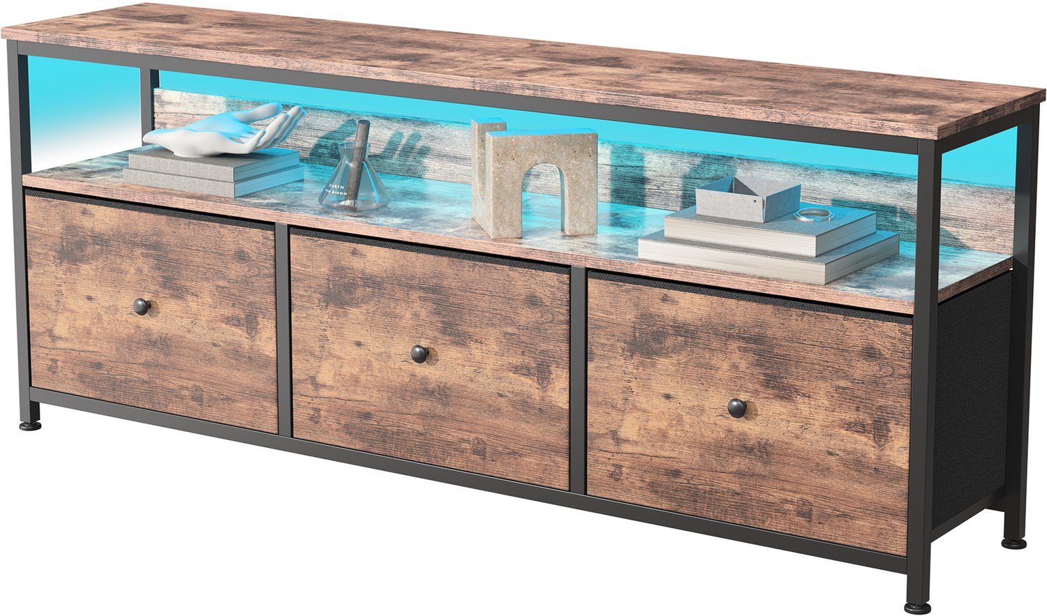 Yelenaro TV Meubel, Vintage TV Kast met LED Verlichting, metalen frame, 3 Stoffen Lades, Industrieel Dressoir, opbergkast, 108x30x57cm, Bruin