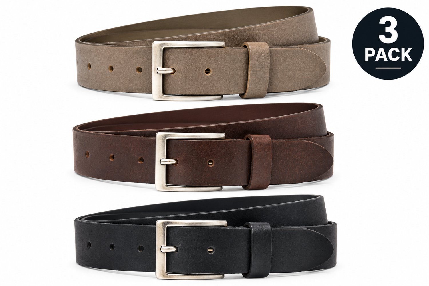Voordeelset met 3 riemen zwart , Bruin & Grijs - 3 pack - Jeans riem - Leer - Echt leren riem - Dames/Heren riemen - Casual - Pantalon riem Maat 115 - Totale lengte riem 130 cm