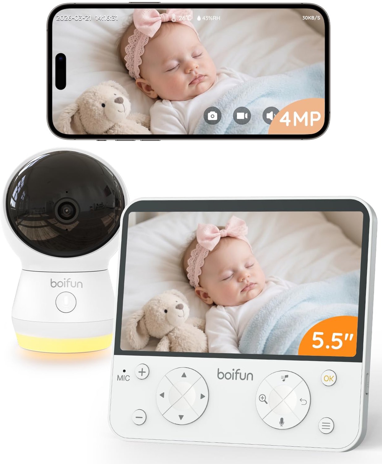 BOIFUN 2.5K 4MP Babyfoon met Camera en App – 5,5 inch Scherm – AI Buikligging & Gezichtsbedekking Detectie – Automatische Tracking – Nachtzicht – Tweeweg Audio – 2.4/5GHz WiFi
