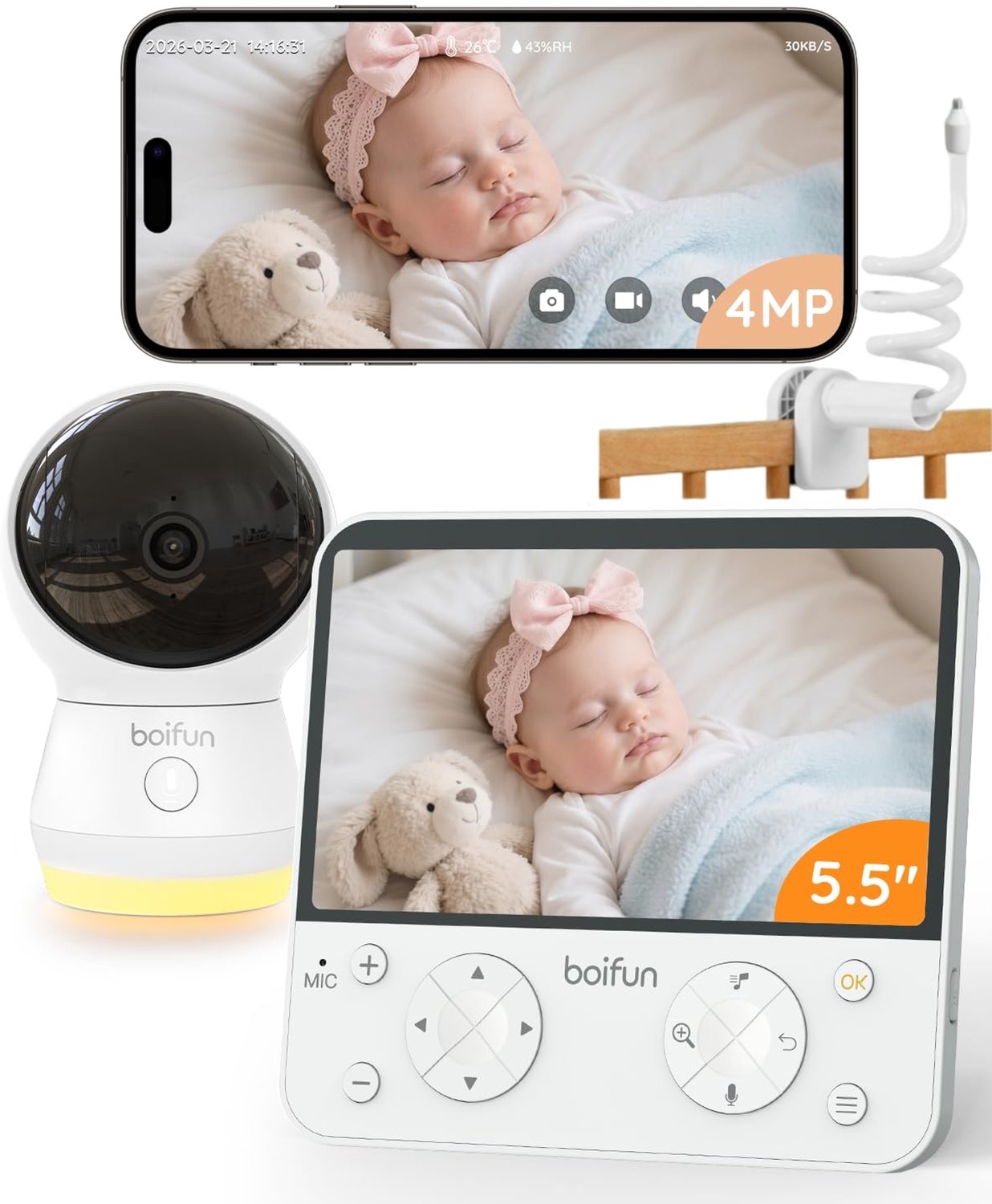 BOIFUN 2.5K 4MP Babyfoon met Camera en App + Babyfoon Houder – 5,5 inch Scherm – AI Detectie – Automatische Tracking – Nachtzicht – 2.4/5GHz WiFi