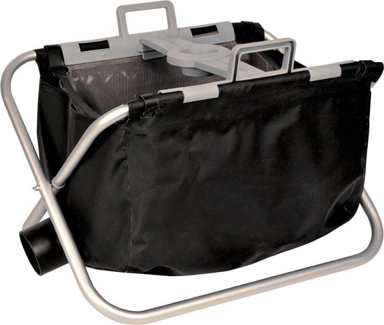 Zwarte stofzuigerzak met aluminium frame en grijze handgrepen. De zak heeft een opening aan de onderkant.