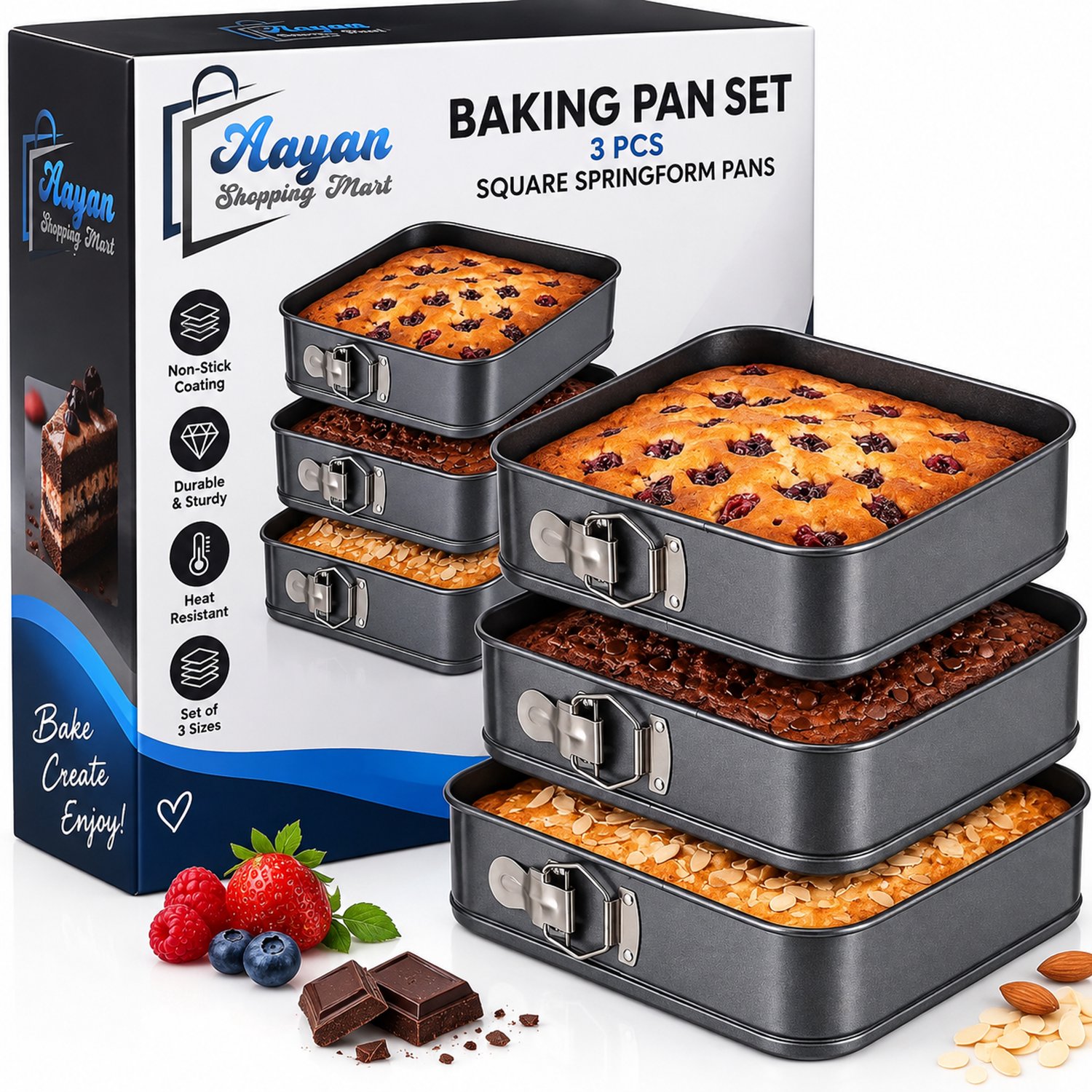 Bakvormen Set Vierkant – 3 Stuks – Bakvorm 24, 26 en 28 cm – Met Antiaanbaklaag – Springvorm met Klem – Voor Taarten, Brownies en Cheesecake – 77802
