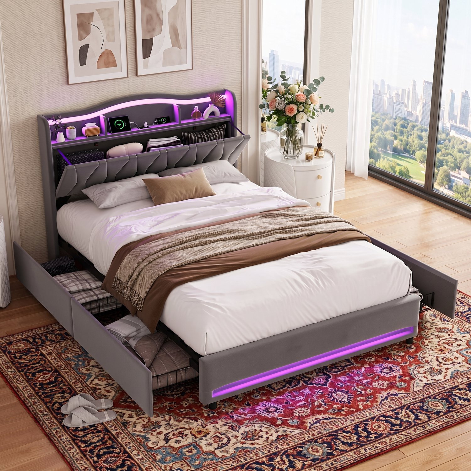 MEXUS Opbergbed 140x200 cm met opbergruimte, Tweepersoonsbed met ledverlichting, USB-poort en 4 lades, Gestoffeerd bedframe 140x200, fluweel Grijs