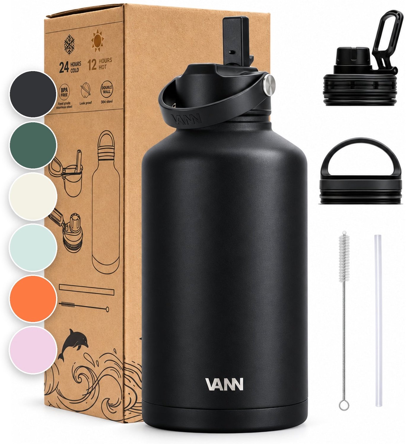 Bol.com VANN® 3-Wandige RVS Waterfles 2 Liter met rietje voor volwassenen – Met 5 accessoires – thermoskan 2 liter – 24 uur koud... aanbieding