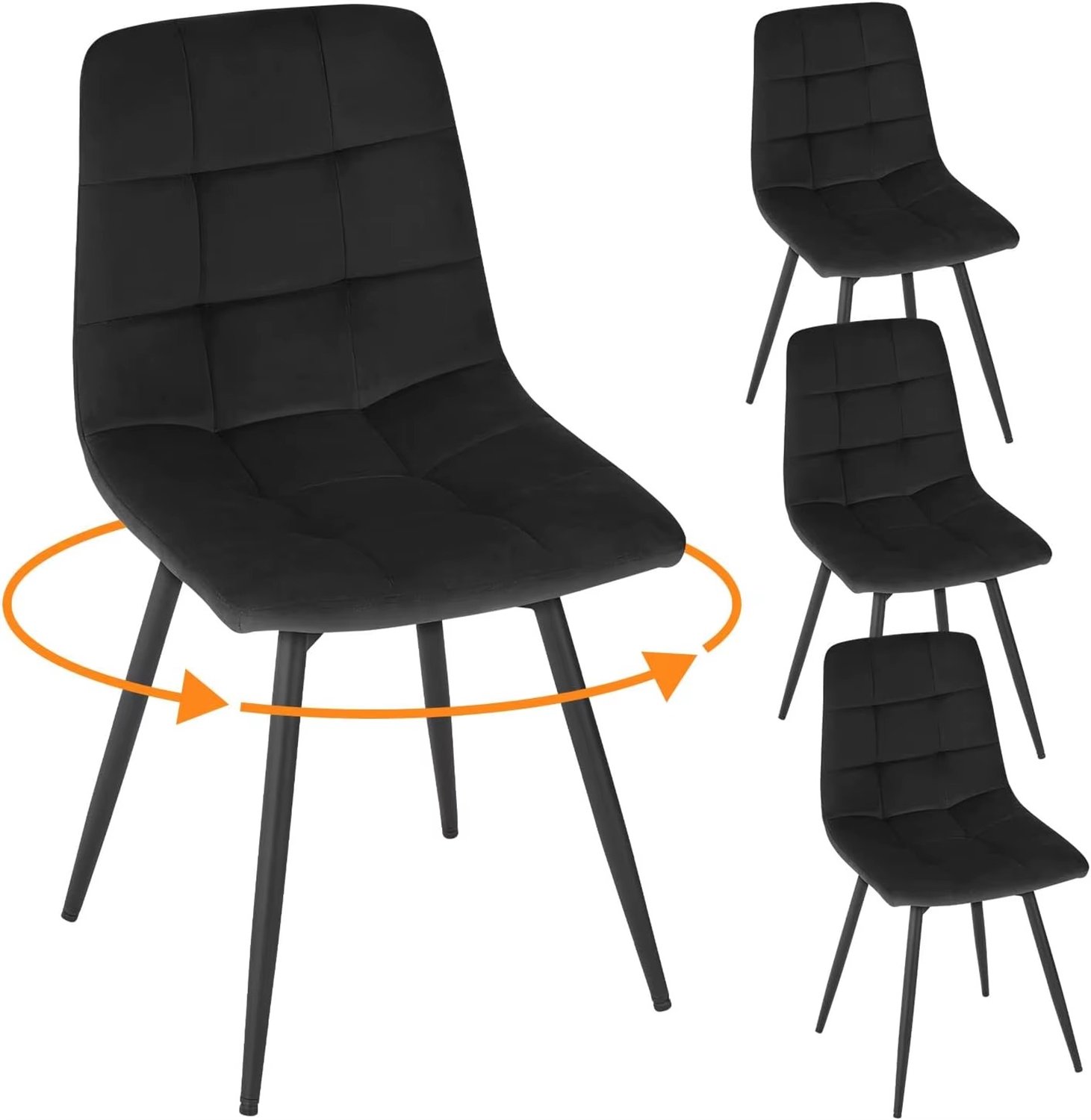 Whoopr® Set van 4 Fluwelen Eetkamerstoelen – 360° Draaibare Stoelen met Gewatteerde Zitting & Rugleuning – Metalen Poten – Moderne Keukenstoelen – Draagvermogen 150 kg Zwart