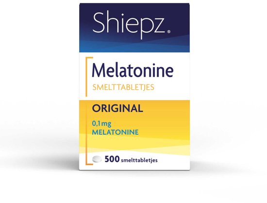 Verpakking Shiepz Melatonine 0,1 mg Original smelt-tabletten met blauw en geel design.