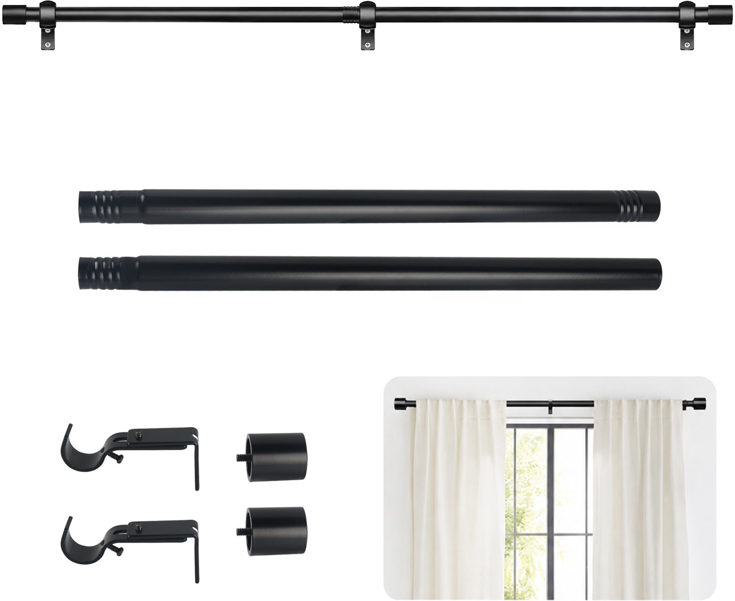 CHICFURN Telescopische Gordijnroede voor Woonkamer, Slaapkamer en Kantoor, Zwarte Aluminium Gordijnstang voor Raam- en Schuifdeurgordijnen, Verstelbaar van 72 tot 144 inch, voor Plafond- of Wandmontage, tot 30 kg