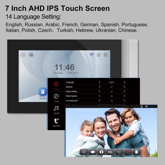 Video Deurbel Wifi 7 Inch Touchscreen - 1080p HD Camera - 2-wegs Audio - Buitenbeveiliging - Wandmontage - Waterdicht - Met App Ontgrendeling — afbeelding 3