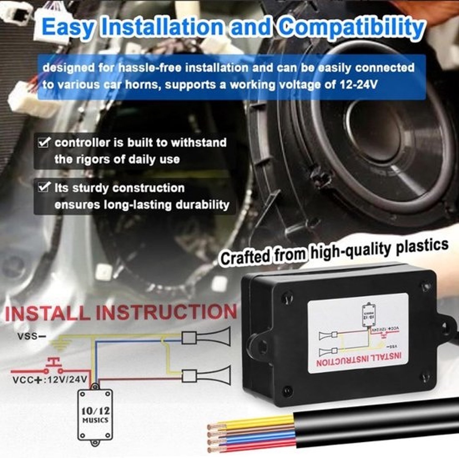 Autogeluidcontroller - Speaker-tuner - Voor het aanpassen van audio - 8 geluidseffecten - 113 x 60 x 35 mm - Zwart