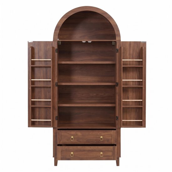 Walnootkleurige boogkast met geopende deuren inclusief zijrekken en twee lades, geïsoleerd op een witte achtergrond.
