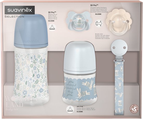 Suavinex Wonderland Welcome Baby Set - Kraamcadeau met 3 Zuigflessen (150, 270 en 360 ml), Fopspeen, Fopspeenhouder en Speendoosje - Melkpoederdispenser en Lepeltje - BPA-vrij - Blauw — afbeelding 2