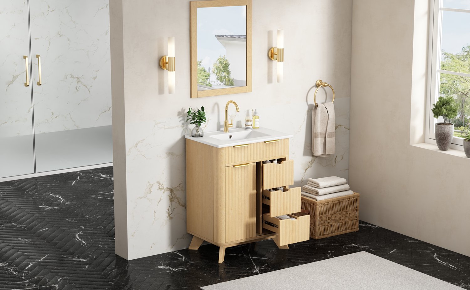 MODENUIT Badkamerkast - 3 Lades en Schuifdeur - Mdf en Keramiek - 61x47x90 cm - Natuurlijke Houtkleur Natuurlijk hout