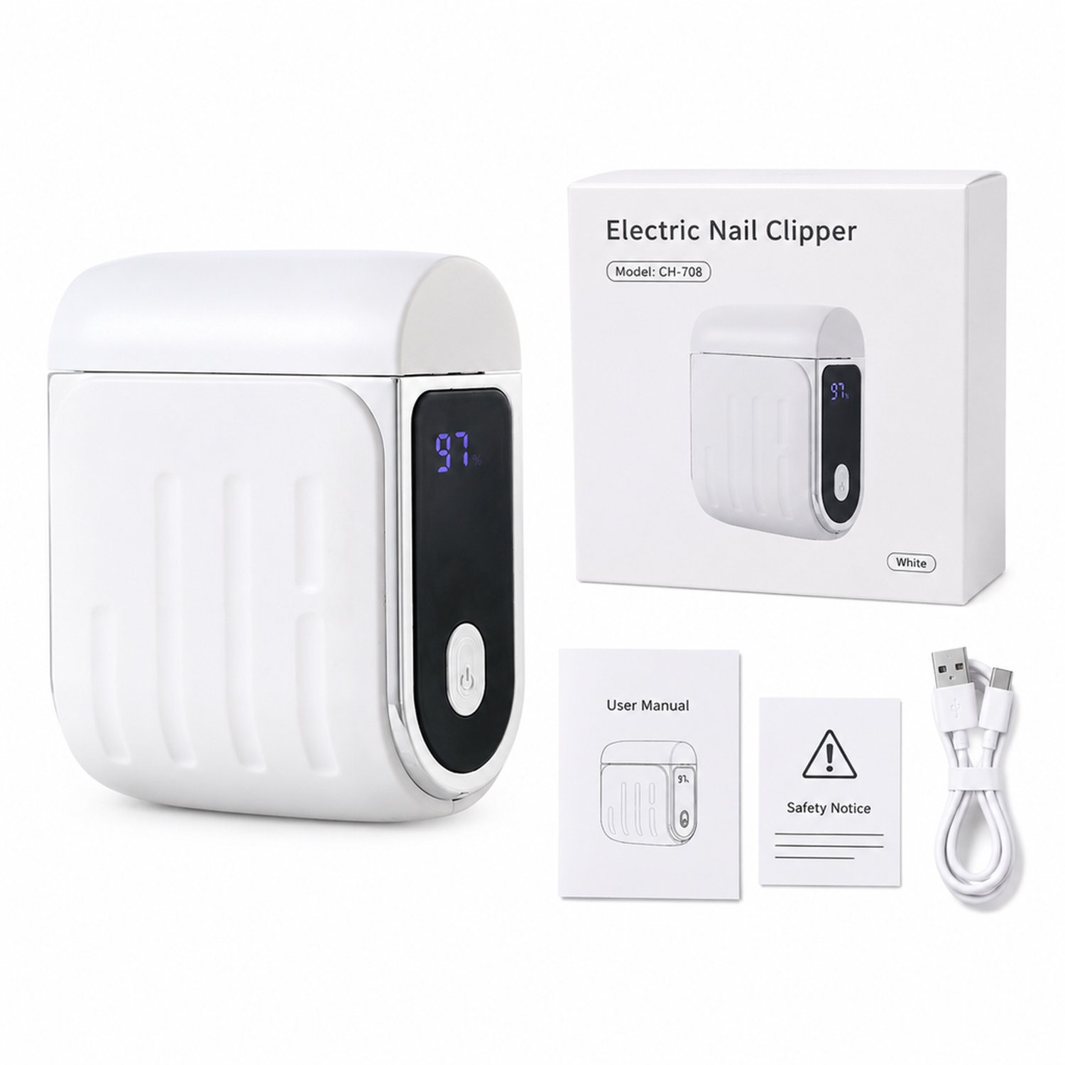 elektrische nagelknipper - model CH-708 - eenvoudig ontwerp - voor dagelijks en huishoudelijk gebruik - witte verpakking met handleiding, waarschuwingskaart en datakabel
