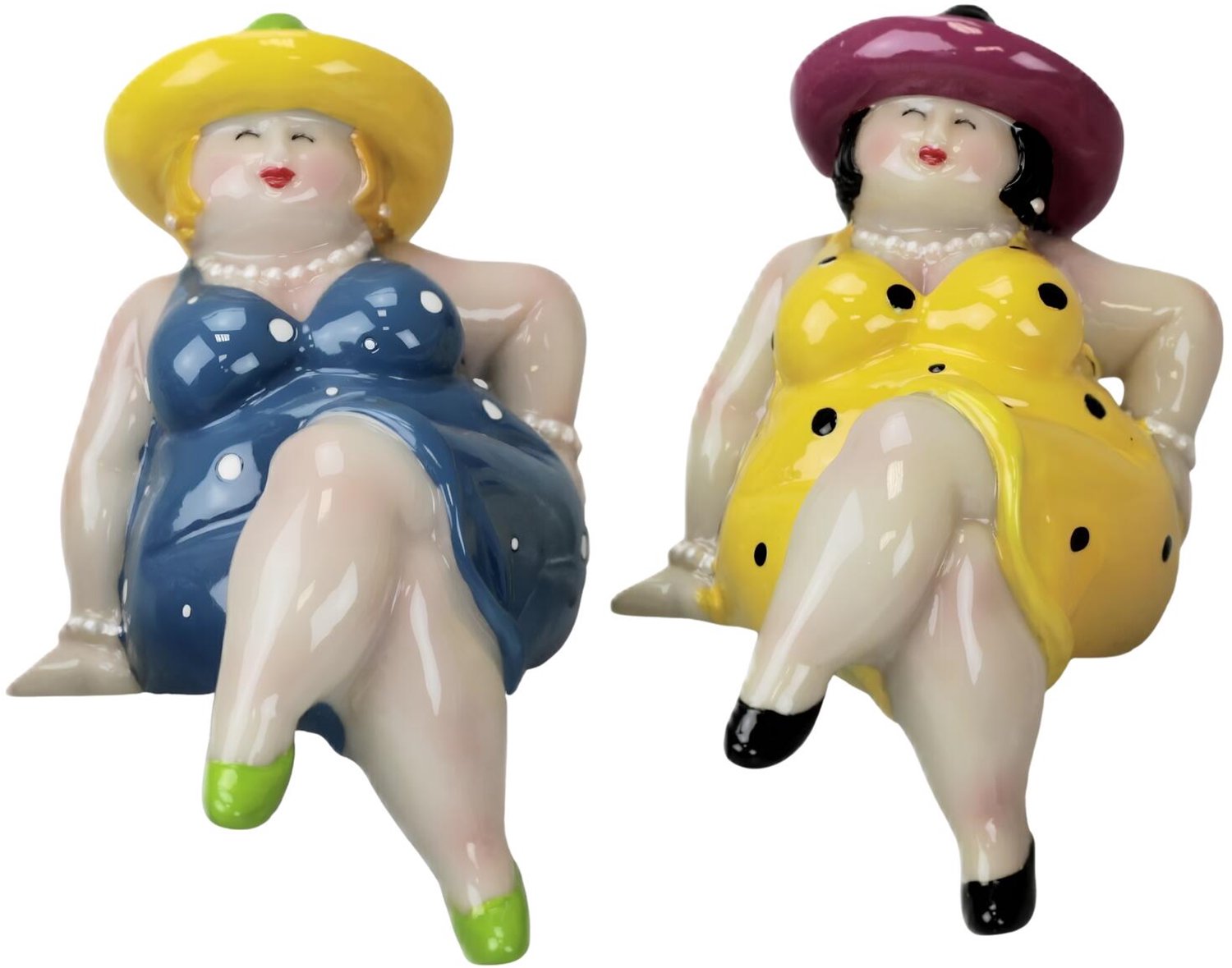Woonkamer decoratie beeldje - zittend - dikke of mollige dame - jurk blauw / geel- 15 cm
