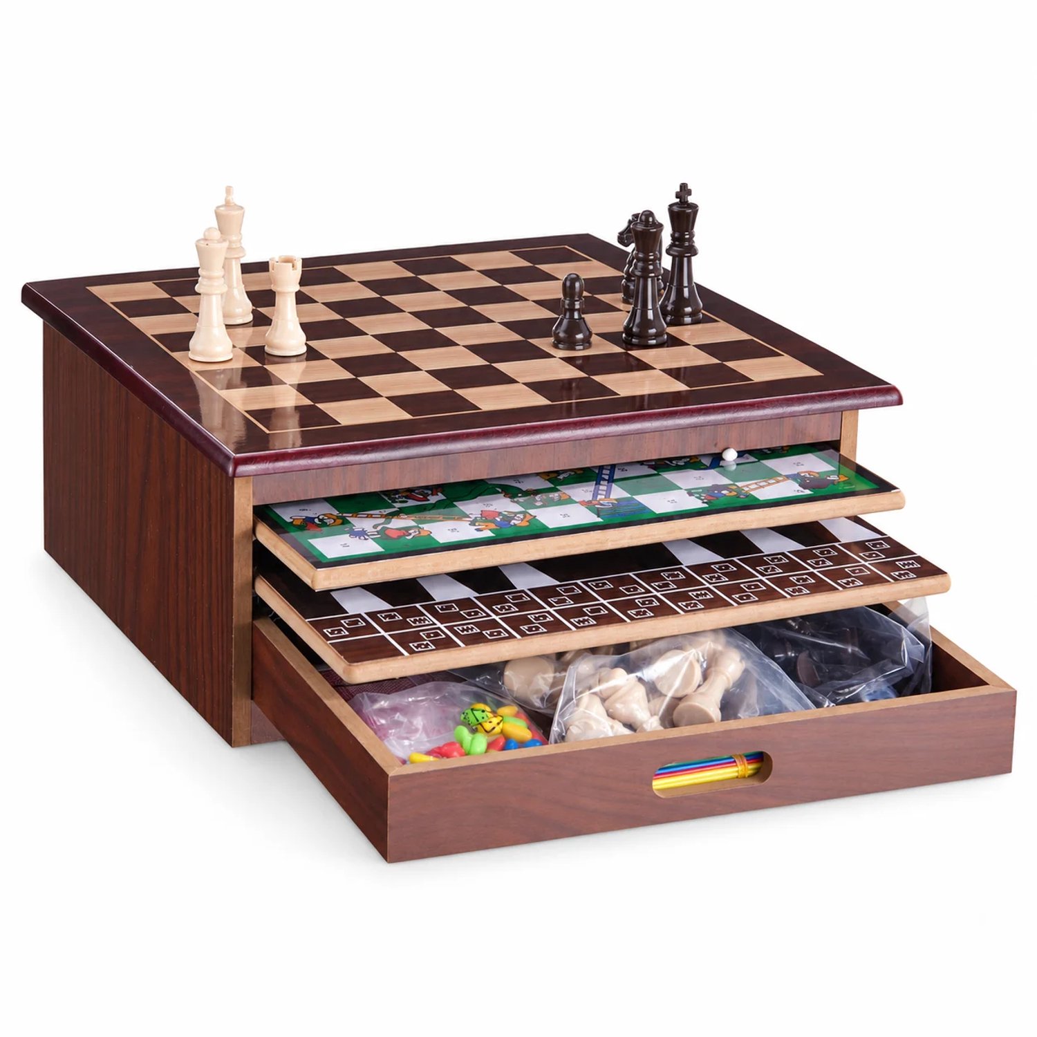 HEM 12-in-1 Houten Spellendoos - Bordspellen, Gezelschapsspellen en Familiespel - Schaken, Dammen, Backgammon, Mikado en Mancala