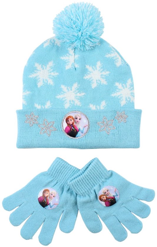 Lichtblauwe Disney Frozen muts met pompon, sneeuwvlokpatroon en Anna en Elsa embleem, inclusief bijpassende handschoenen.