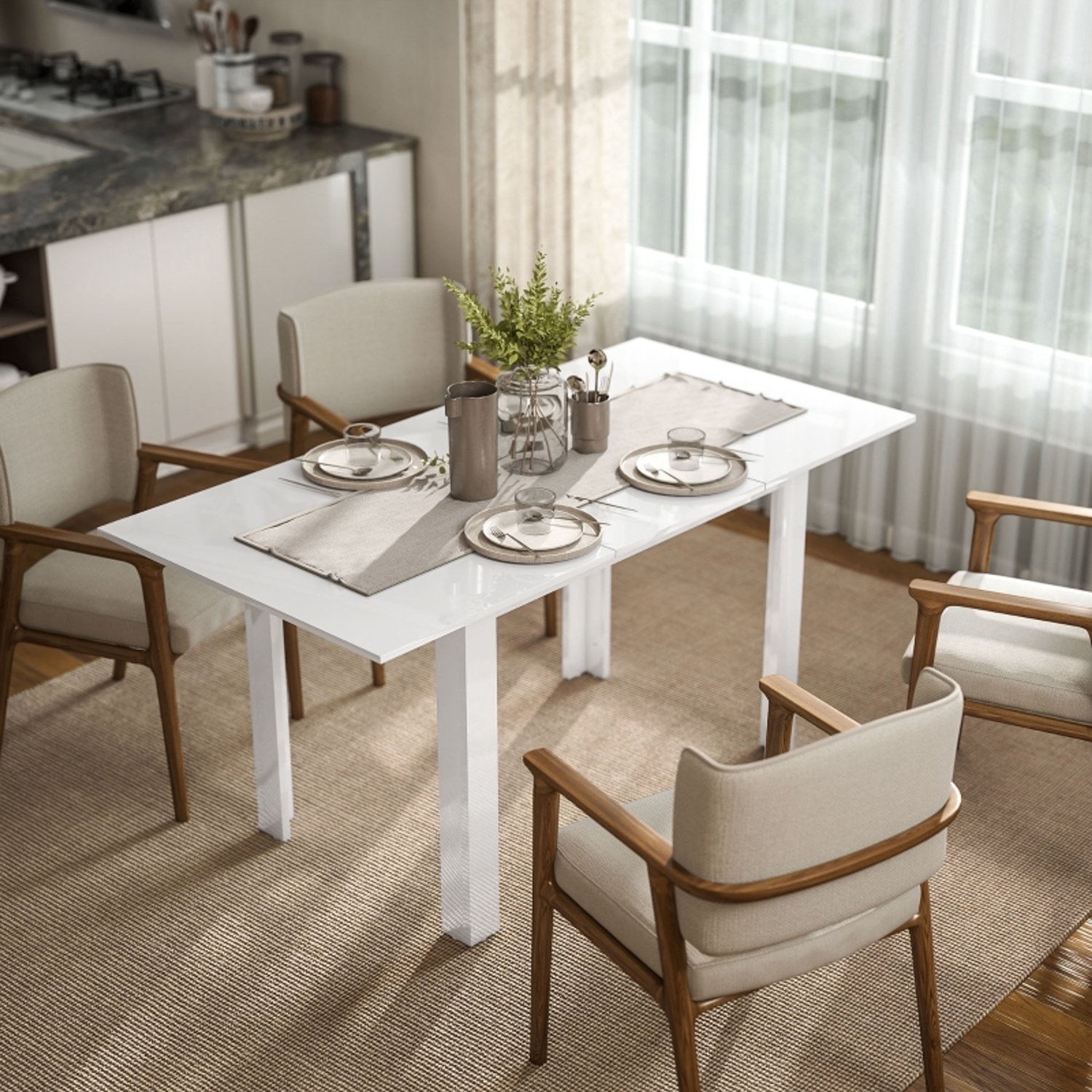MODENUIT Eettafel - Uitschuifbaar Met Vlindermechanisme - Voor 4-6 Personen - Hout Wit Hoogglans - 120-160 x 80 x 78 Cm