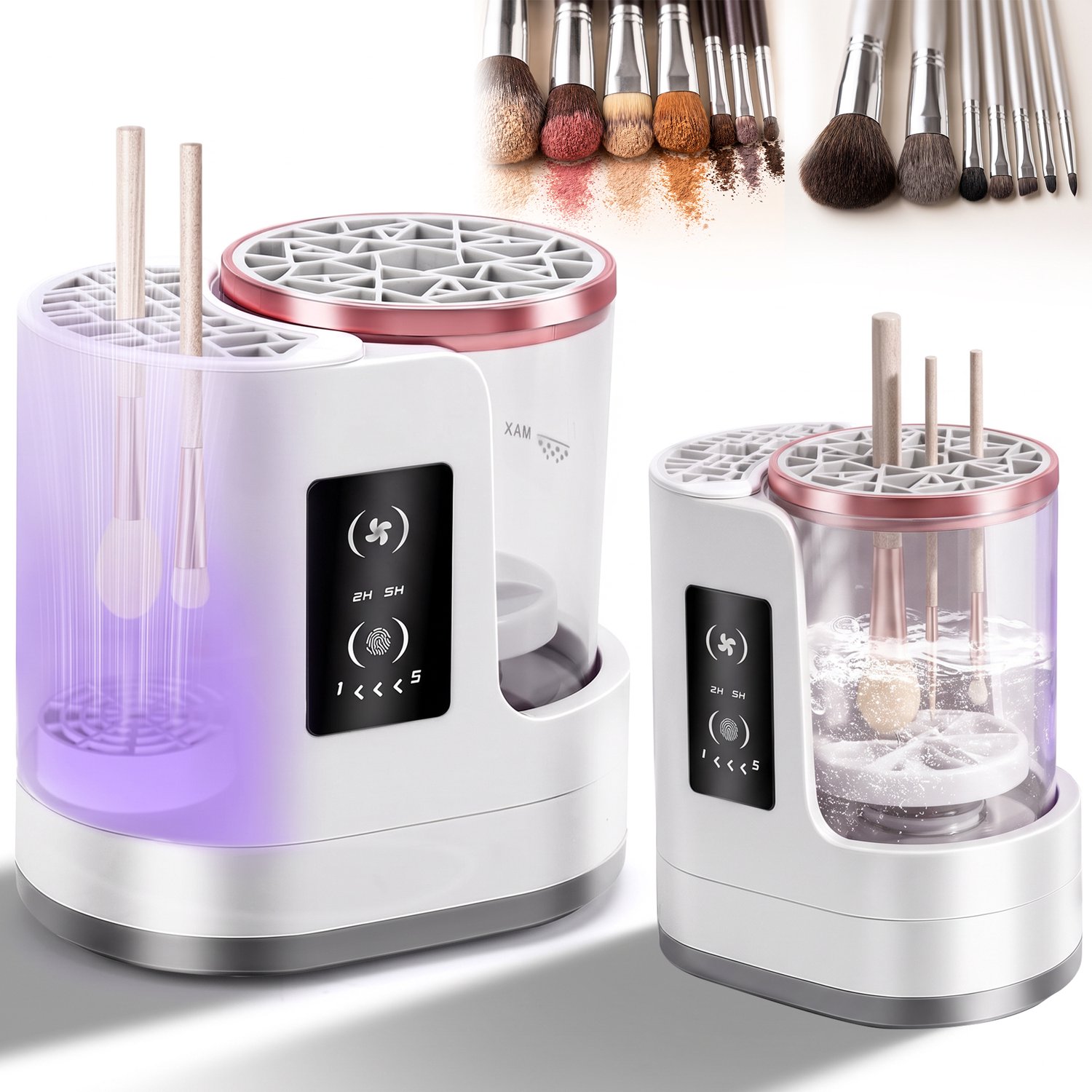 Elektrische Make-upkwastenreiniger - Reinigen en Luchtdrogen - 850 rpm - Dubbele Draairichting - 2/5 uur Timer - USB-Voeding - Wit/Roségoud - Multi brush cleaner - 2-in-1 Reinigen & Drogen - Slimme Timer & Automatisch Stoppen