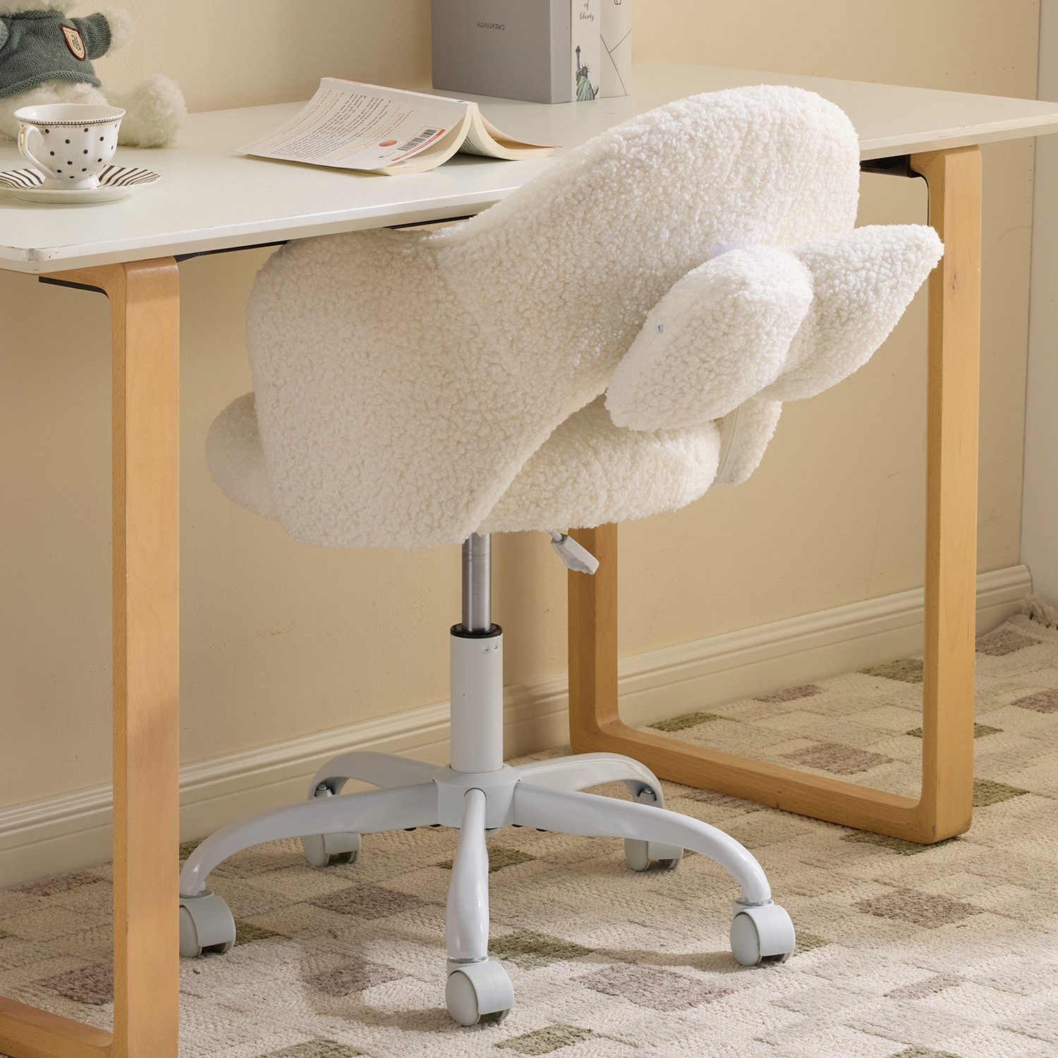 LEADZM-Bureaustoel - Sherpa‑fleece - Schuimstofvulling - In Hoogte Verstelbaar - Voor Werk- en Slaapkamer-Wit