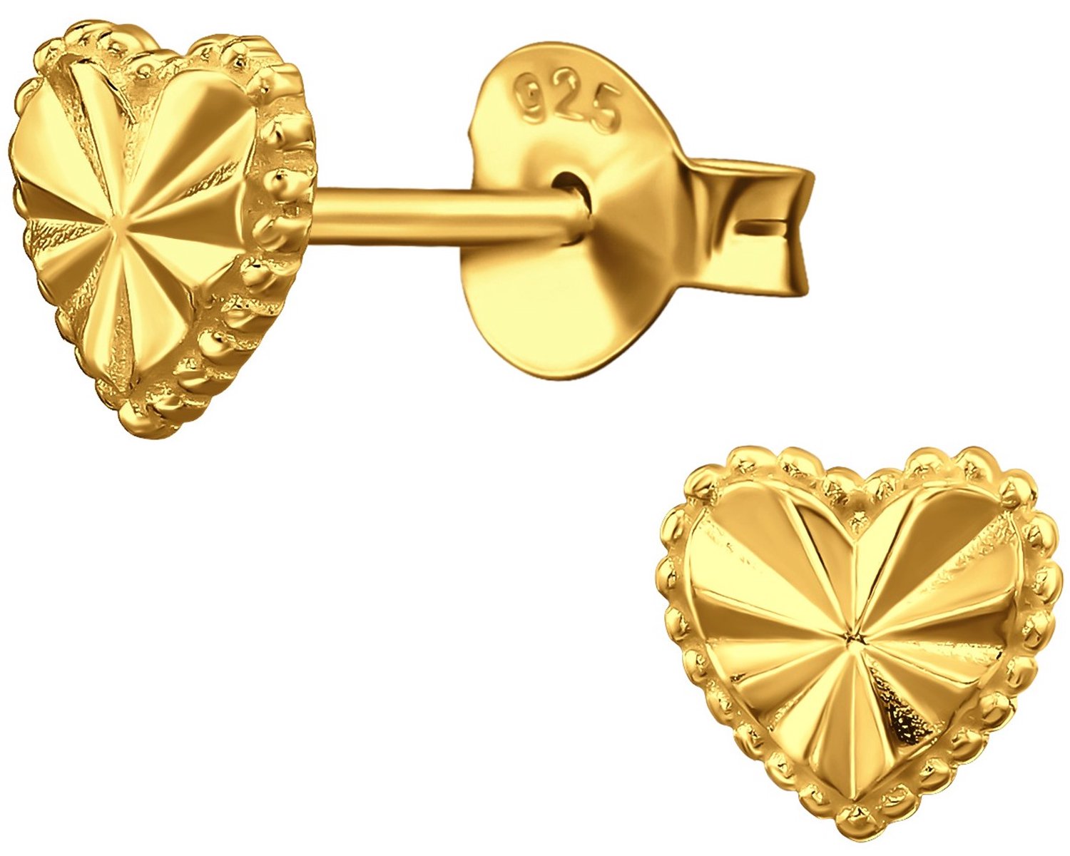 Joy|S - Zilveren hartje oorbellen - klassieke diamond cut met dots / bolletjes randje - 6 mm - petit hartje oorknopjes - gold plated - sterling zilver 925