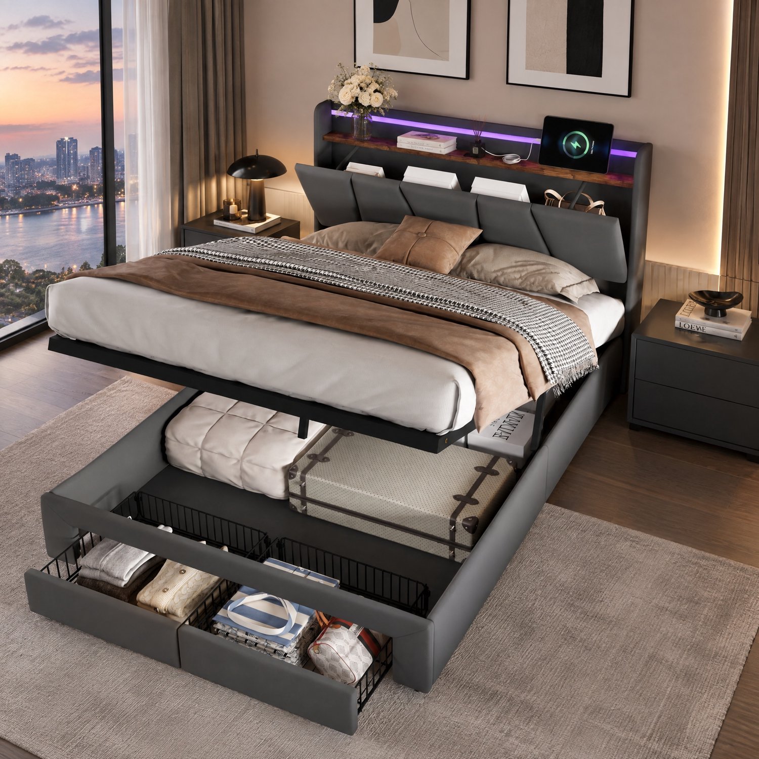 MEXUS Opbergbed 140x200 cm met lattenbodem en 2 lades, Tweepersoonsbed met RGB LED-verlichting, hoofdbord met opbergruimte en USB/USB-C-oplaadpoort, hydraulische opbergruimte en 2 lades, bedframe, Linnen donkerGrijs