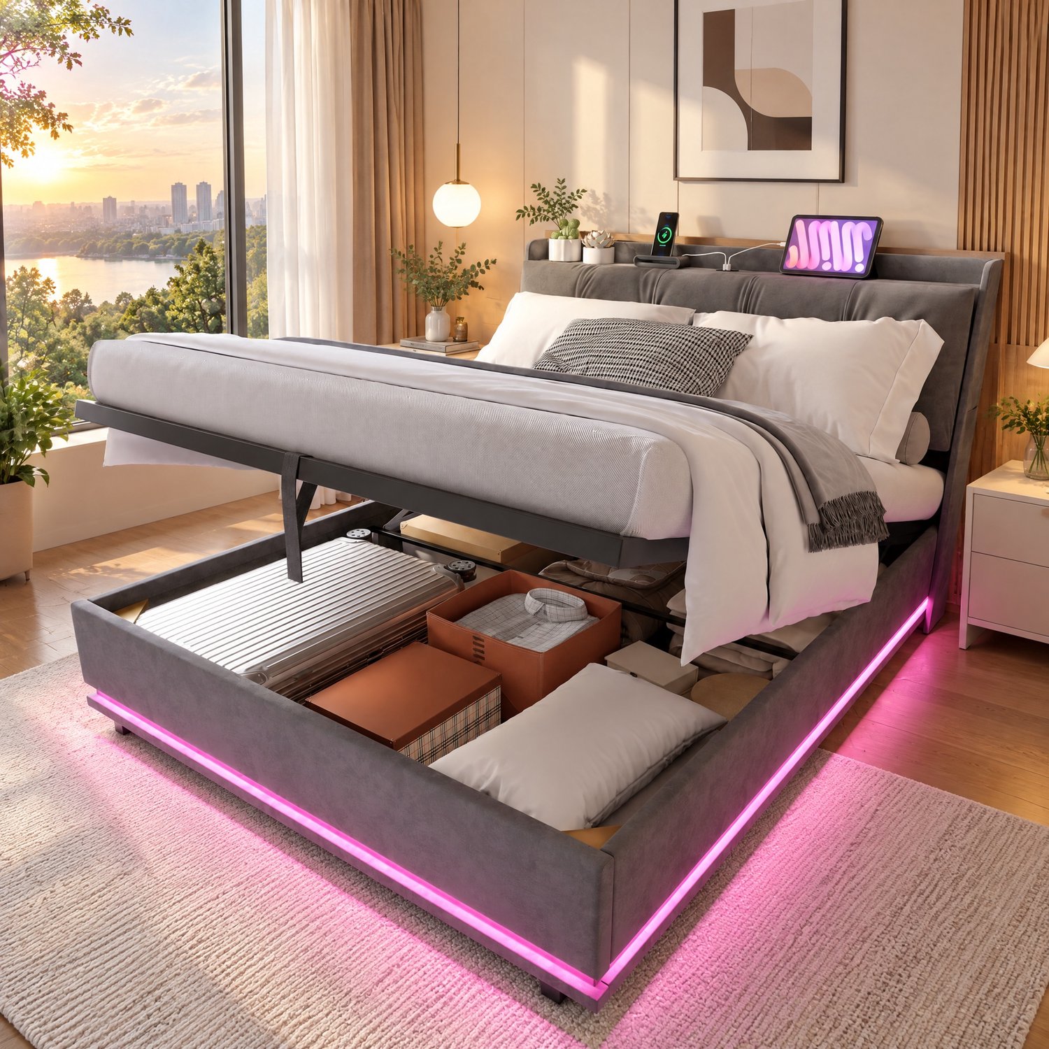 MEXUS Opbergbed 140x190 cm met RGB LED-verlichting, USB- en Type-C-poorten, Tweepersoonsbed, gewatteerd hoofdbord, lattenbodem met hydraulische opbergruimte, bed voor volwassenen en tieners, fluwelen Grijs