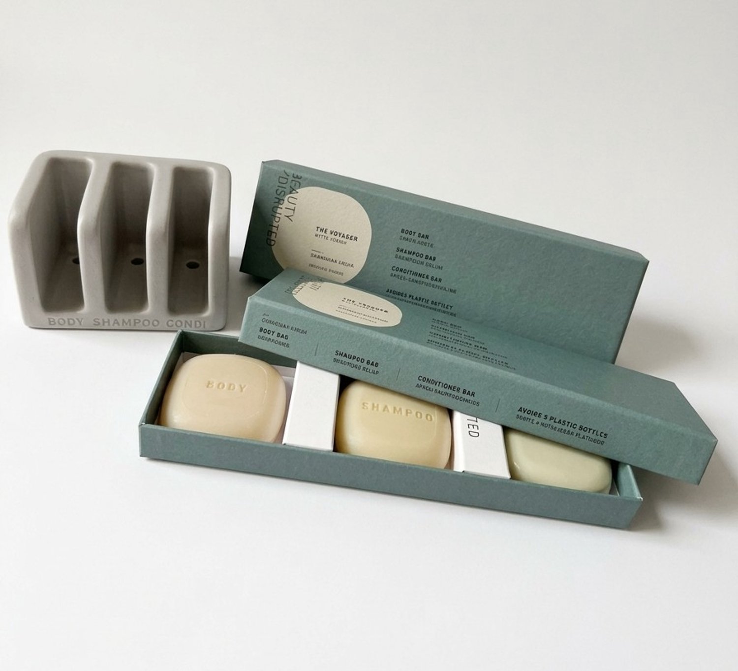 Beauty Disrupted SET 6 bars + soap holder kleine versie Shampoo Conditioner Body bar Handzeep Voyager Travel set Amazonian Amour