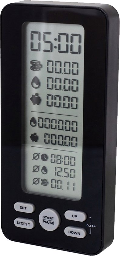 Zwarte digitale douche timer met witte cijfers en iconen. Knoppen: SET, STOP/T, START/PAUSE, UP, DOWN.