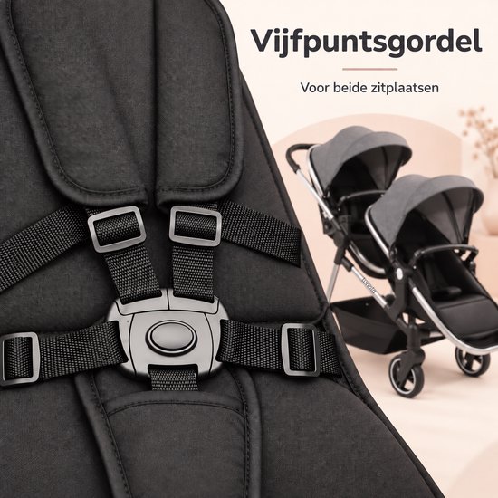Lunola Noah Duo Kinderwagen - Dubbele Buggy voor Tweeling of Baby en Peuter - Afneembaar Zitje - Compact en Opvouwbaar - Donker Grijs — afbeelding 3