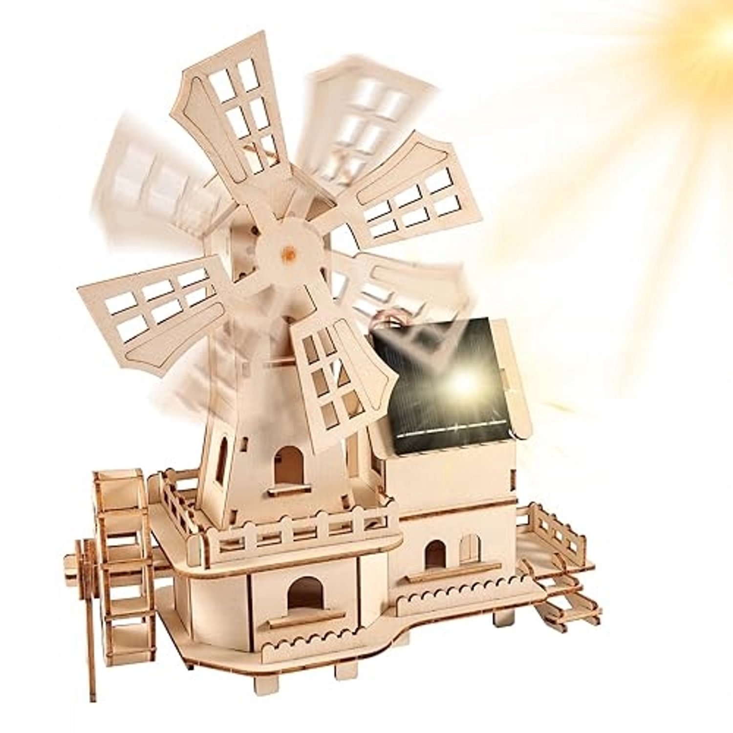 3D Houten Zonne-aangedreven Windmolen Puzzel - DIY Bouwpakket