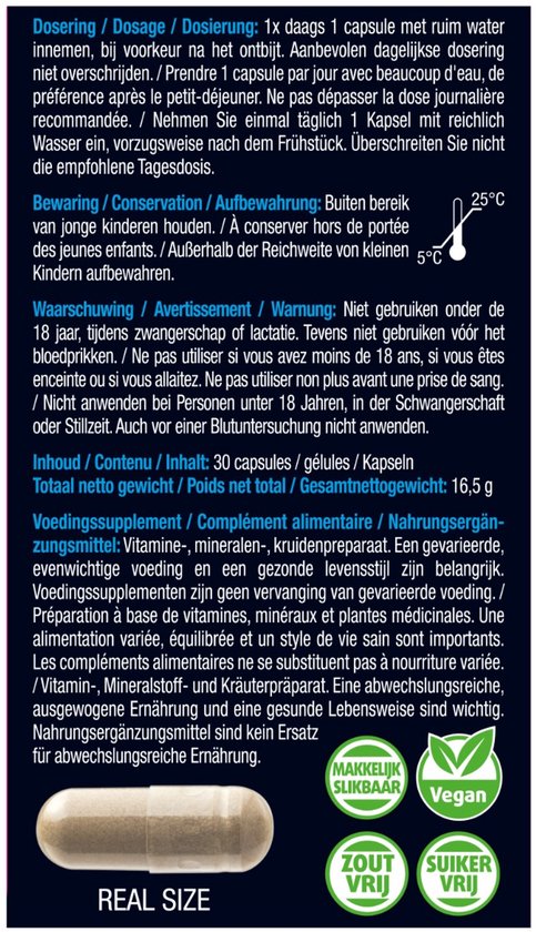 Lucovitaal NR Anti Aging capsuleverpakking met informatie, indicatie 'Real Size' en een capsule.