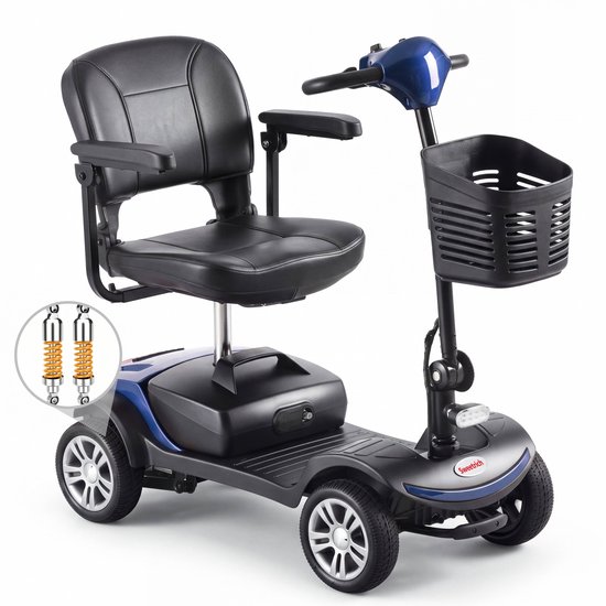 Blauwe Sweetrich scootmobiel met zwarte draaibare stoel, mandje en 4 wielen.