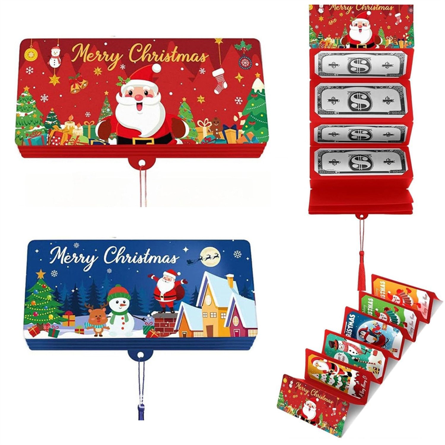 2 stuks Kerstgeld cadeau envelop, kerst verrassingsgeldhouder met 10 compartimenten, Kerstman geldclip, doe-het-zelf kerstcadeaus met contant geld voor familie en vrienden - Rood + Blauw