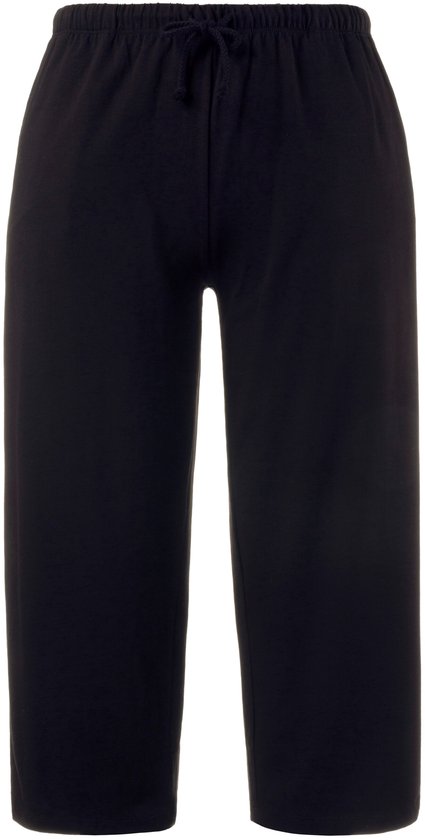 Zwarte capribroek met elastische tailleband en trekkoord.