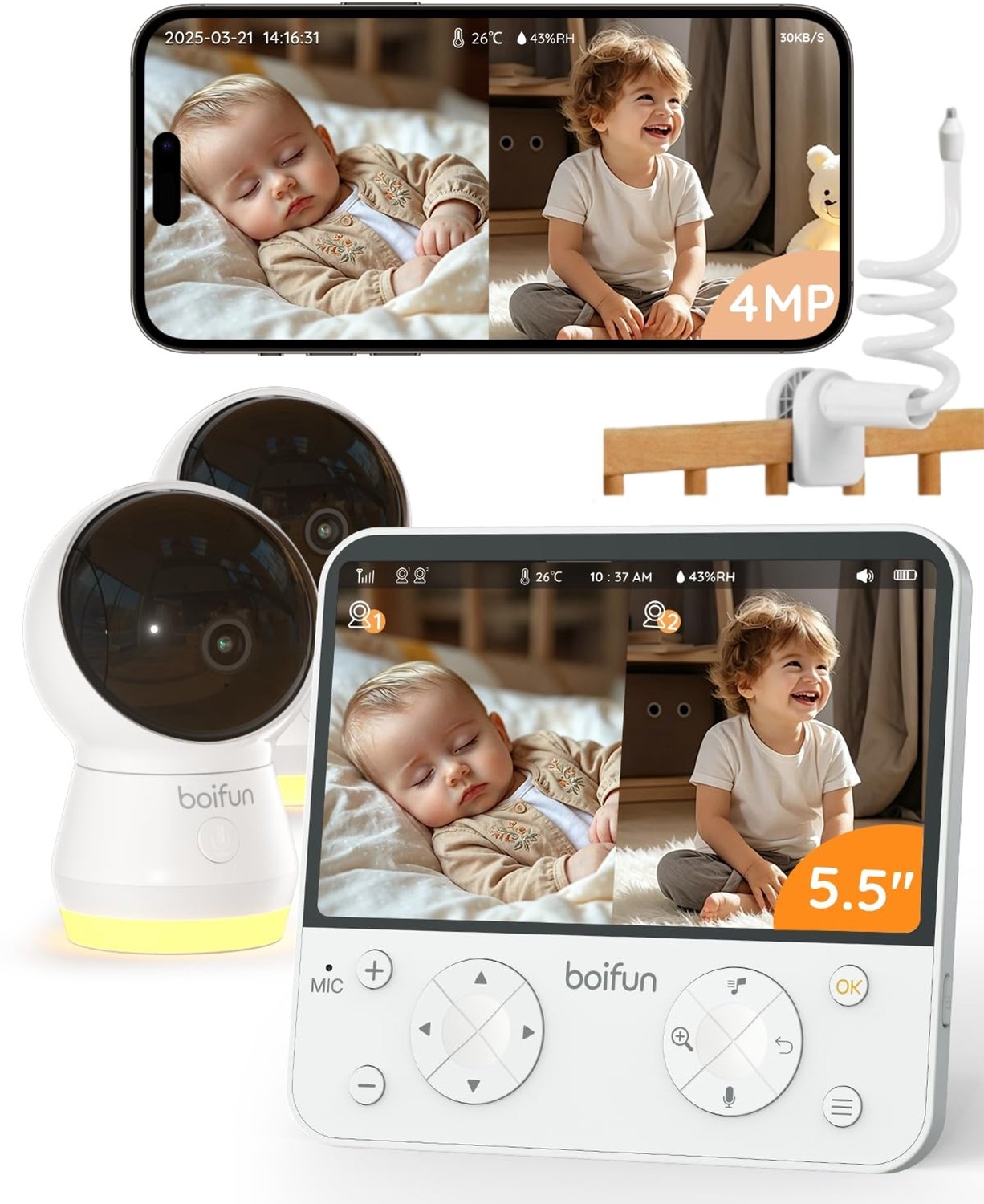BOIFUN Babyfoon met 2 Camera's 4MP + Babyfoon Houder – 5,5 inch Split Screen Baby Monitor – Wifi met App – AI Detectie – Automatische Tracking – Nachtzicht – Tweeweg Audio
