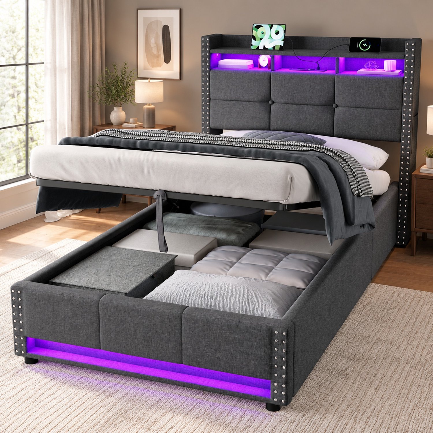 MIVRAY Eenpersoonsbed 90 x 200 cm - LED-Verlichting En Oplaadfunctie - Linnen - Donkergrijs - Met Opberghoofdbord Voor Slaapkamer